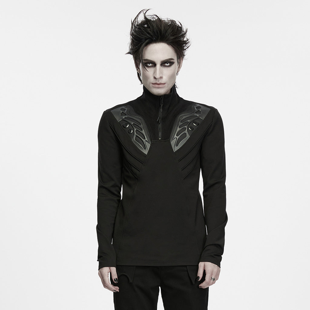 WT-1131TCM Men s Black High Collar Gothic Punk T Shirts with Armor Details
