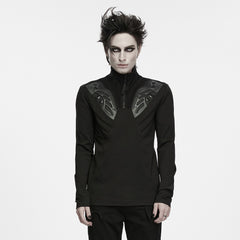WT-1131TCM Men s Black High Collar Gothic Punk T Shirts with Armor Details