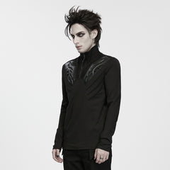 WT-1131TCM Men s Black High Collar Gothic Punk T Shirts with Armor Details