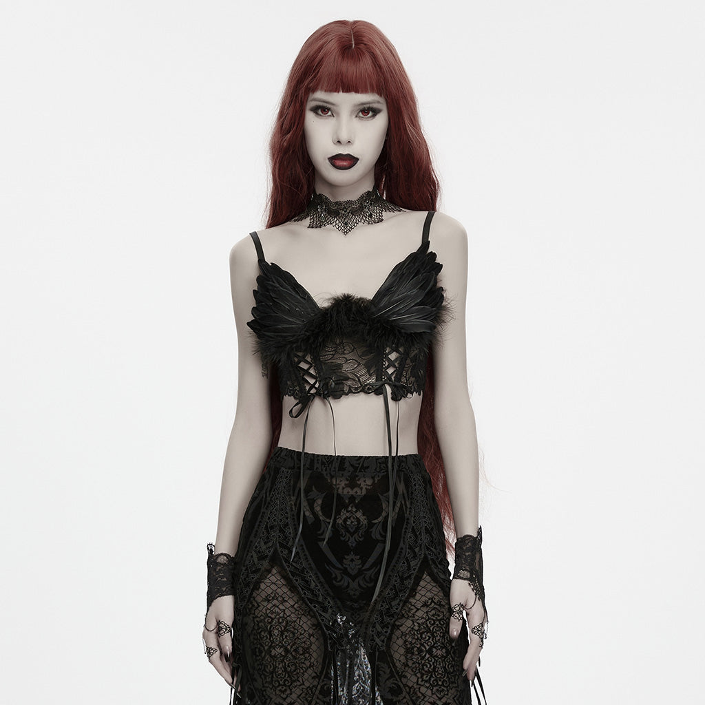 WT-1144BXF Gothic Corset Black Feather Lace Bustier Top