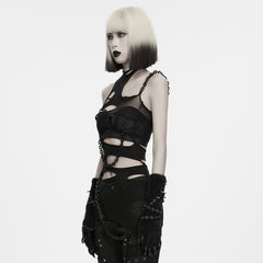 WT-1145BXF Ripped Mesh Cutout Punk T Shirts with Chain Details