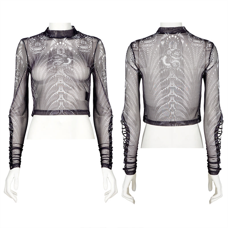 WT-699DQF Gothic skeleton print mesh T-shirt