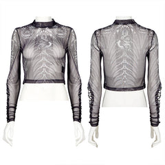 WT-699DQF Gothic skeleton print mesh T-shirt