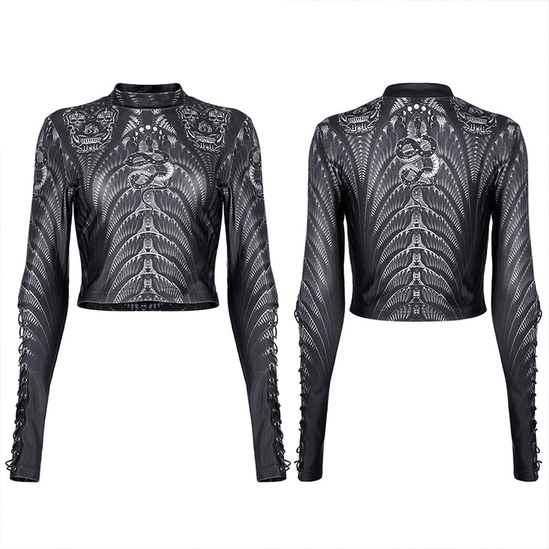 WT-699DQF Gothic skeleton print mesh T-shirt