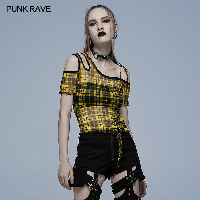 WT-701TCF Daily punk plaid mesh T-shirt