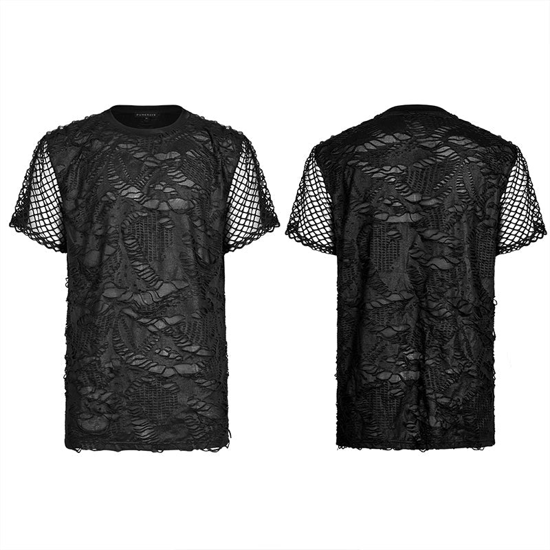 WT-703TDM Goth Daily Wear Knited Broken Holes Short Sleeve T-shirt