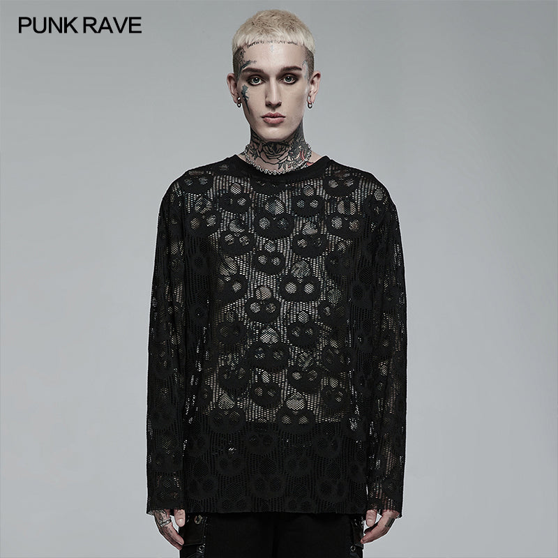 WT-717CCM Punk Daily Wear Skull Mesh Long Sleeve T-shirt