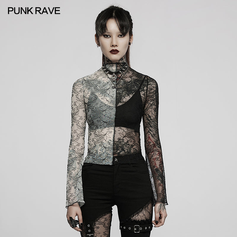 WT-727TCF Gothic simple spliced lace T-shirt -  Punk Rave Clothing
