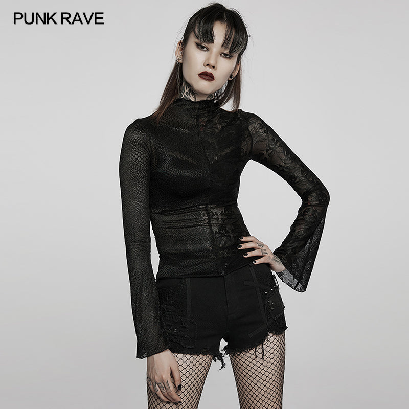 WT-727TCF Gothic simple spliced lace T-shirt -  Punk Rave Clothing
