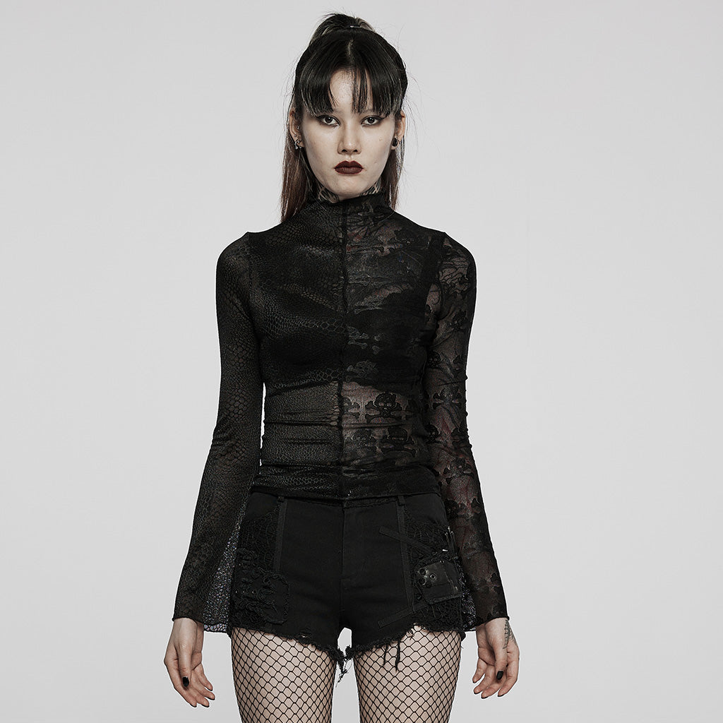 WT-727DQF Sheer Floral Lace Gothic T Shirts with High Neck Long Sleeves