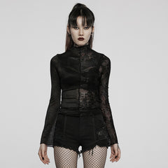 WT-727DQF Sheer Floral Lace Gothic T Shirts with High Neck Long Sleeves