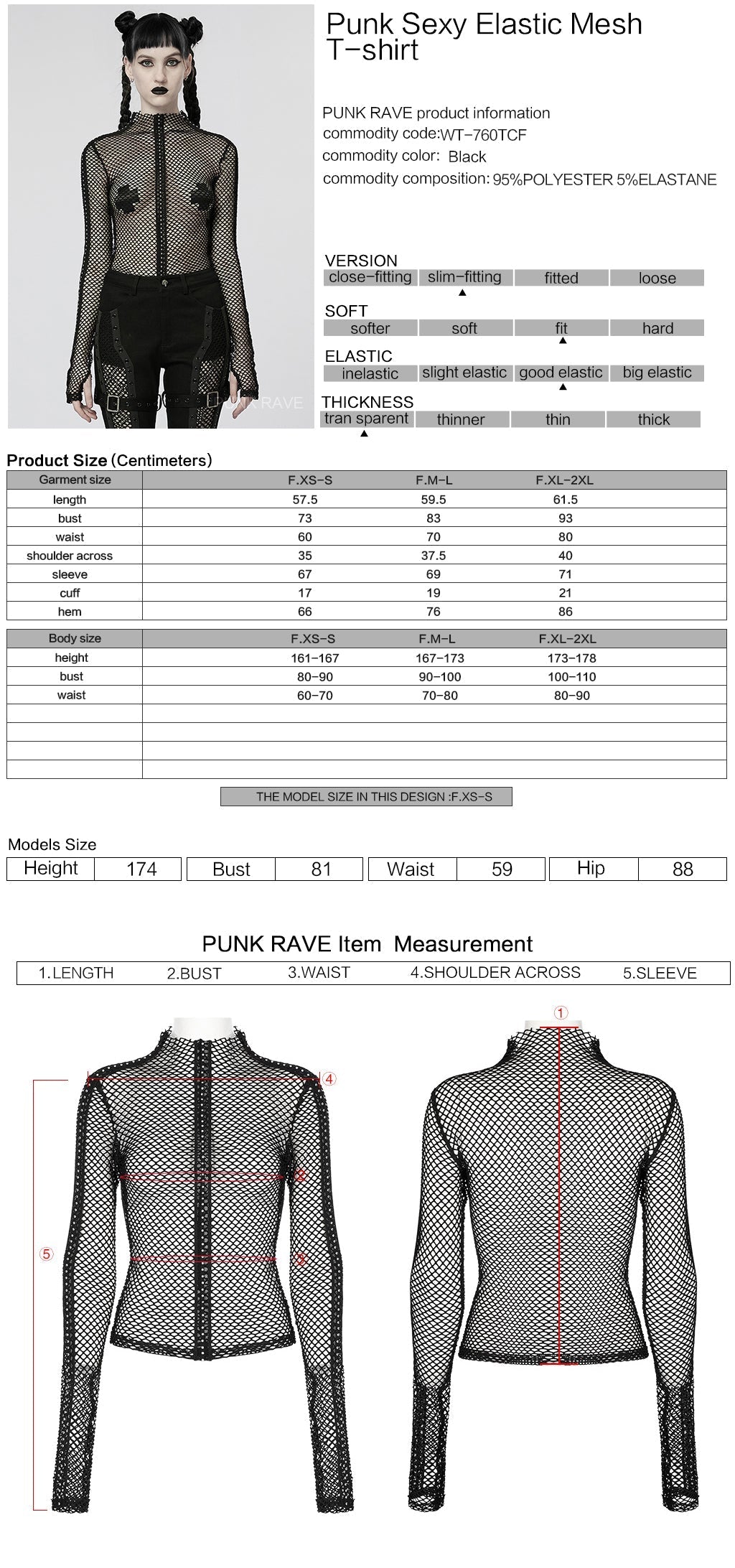 WT-760TCF Gothic Fishnet Long Sleeve Punk T-Shirt Zippered Design?-??Punk Rave Clothing