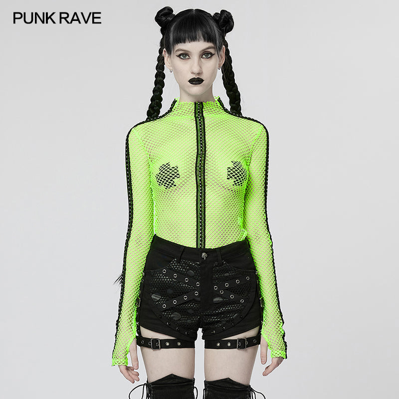 WT-760TCF Gothic Fishnet Long Sleeve Punk T-Shirt Zippered Design?-??Punk Rave Clothing