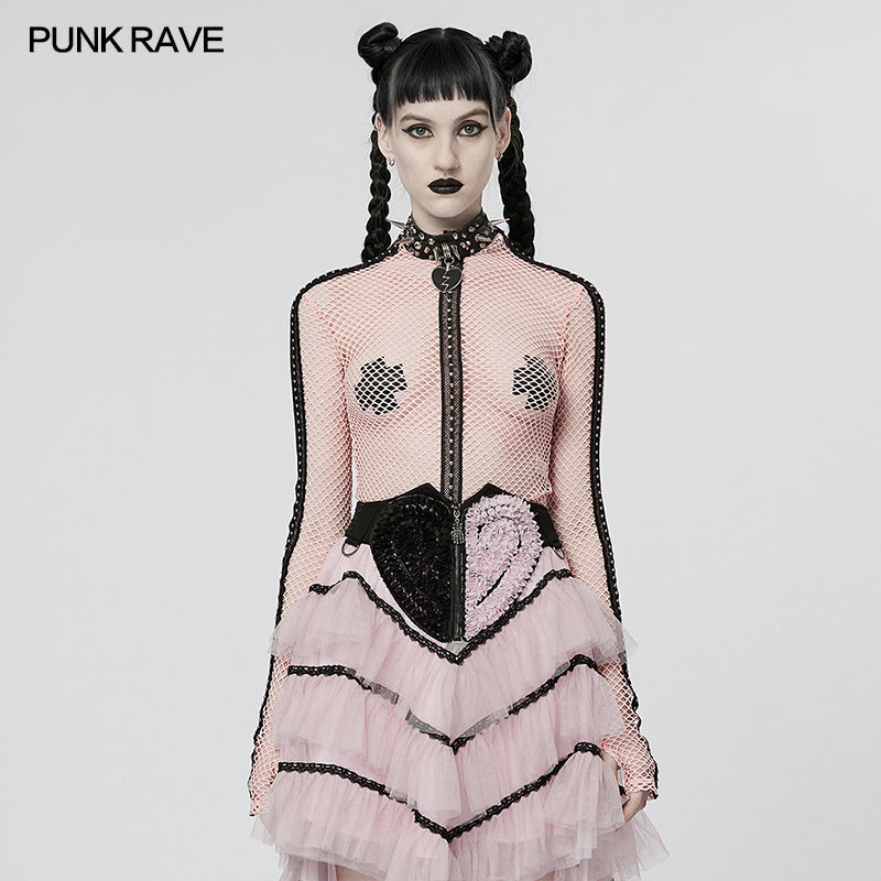 WT-760TCF Gothic Fishnet Long Sleeve Punk T-Shirt Zippered Design?-??Punk Rave Clothing