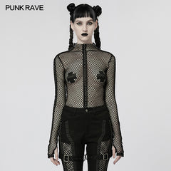 WT-760TCF Gothic Fishnet Long Sleeve Punk T-Shirt Zippered Design