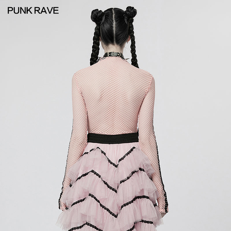 WT-760TCF Gothic Fishnet Long Sleeve Punk T-Shirt Zippered Design?-??Punk Rave Clothing