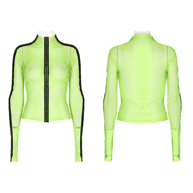 WT-760TCF Gothic Fishnet Long Sleeve Punk T-Shirt Zippered Design?-??Punk Rave Clothing