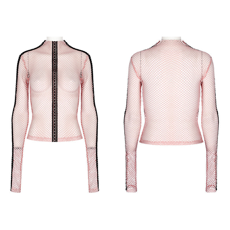 WT-760TCF Gothic Fishnet Long Sleeve Punk T-Shirt Zippered Design?-??Punk Rave Clothing