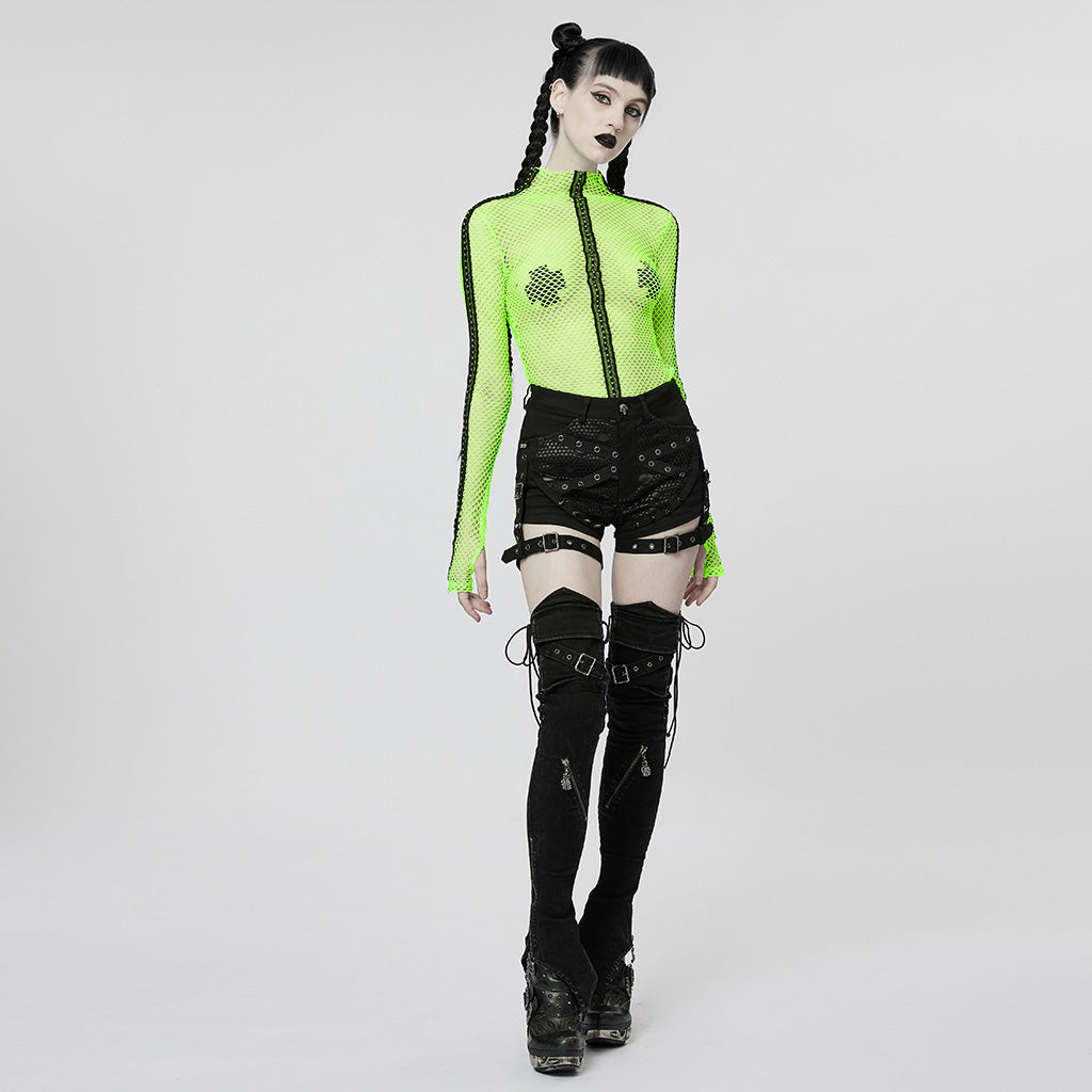 WT-760TCF Gothic Fishnet Long Sleeve Punk T-Shirt Zippered Design?-??Punk Rave Clothing