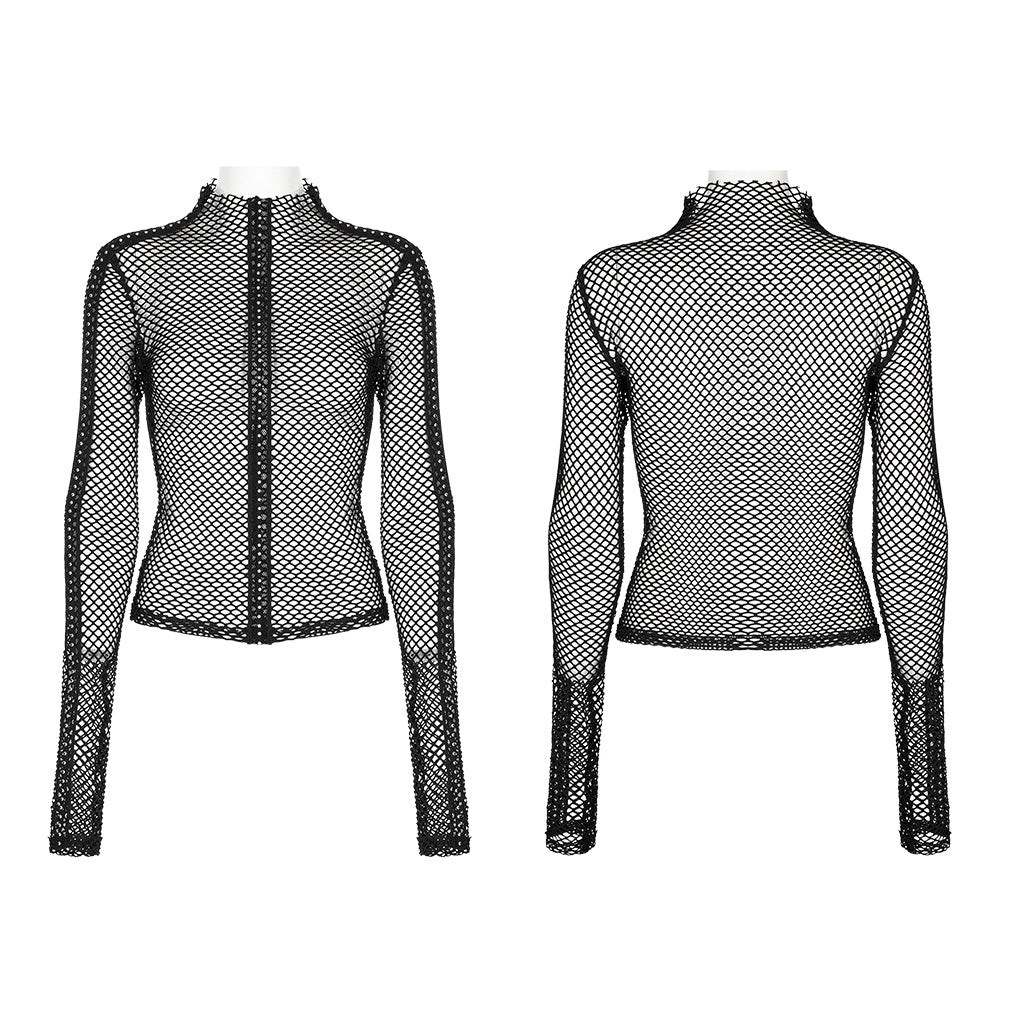 WT-760TCF Gothic Fishnet Long Sleeve Punk T-Shirt Zippered Design