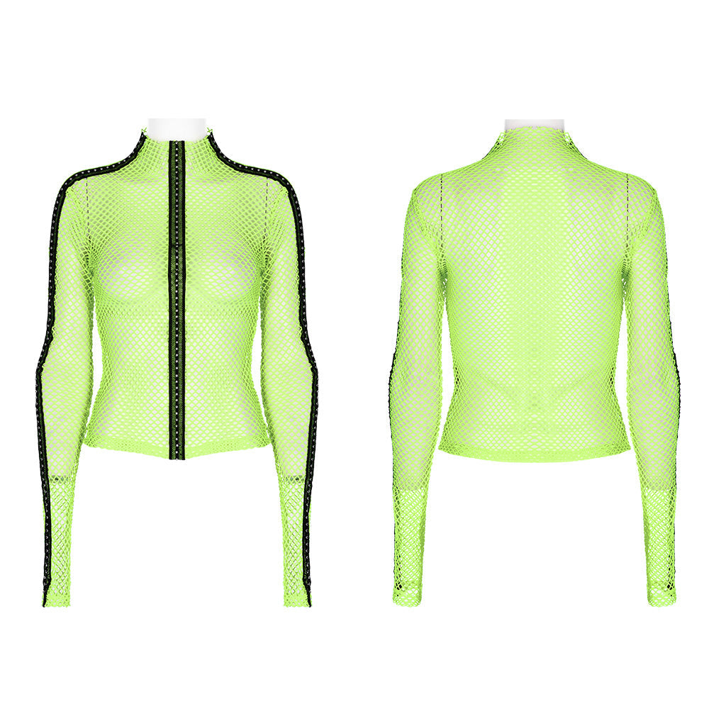 WT-760TCF Gothic Fishnet Long Sleeve Punk T-Shirt Zippered Design?-??Punk Rave Clothing