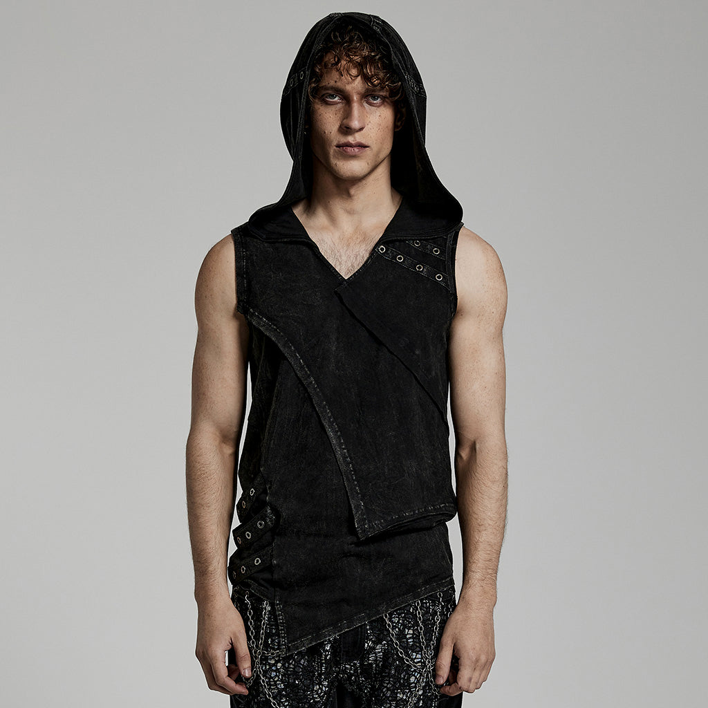 WT-770BXM Hooded Black Asymmetrical Punk Vests with Rivet Detailing