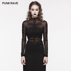 WT-800TCF Sheer Gothic Mesh Ruched Long Sleeve T-Shirt