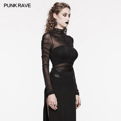 WT-800TCF Sheer Gothic Mesh Ruched Long Sleeve T-Shirt