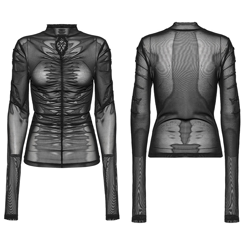 WT-800TCF Sheer Gothic Mesh Ruched Long Sleeve T-Shirt?-??Punk Rave Clothing