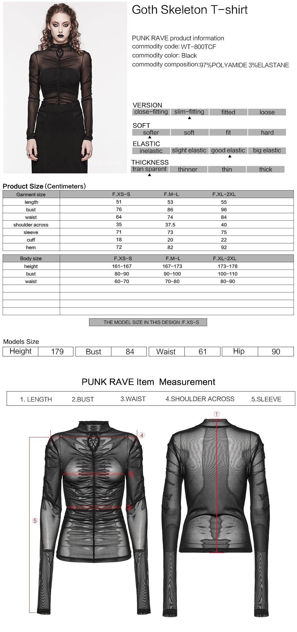 WT-800TCF Sheer Gothic Mesh Ruched Long Sleeve T-Shirt?-??Punk Rave Clothing