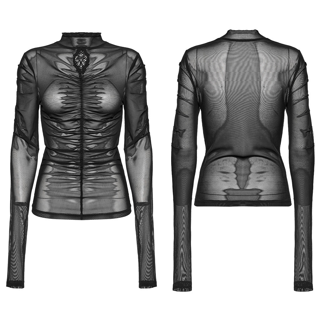 WT-800TCF Sheer Gothic Mesh Ruched Long Sleeve T-Shirt?-??Punk Rave Clothing