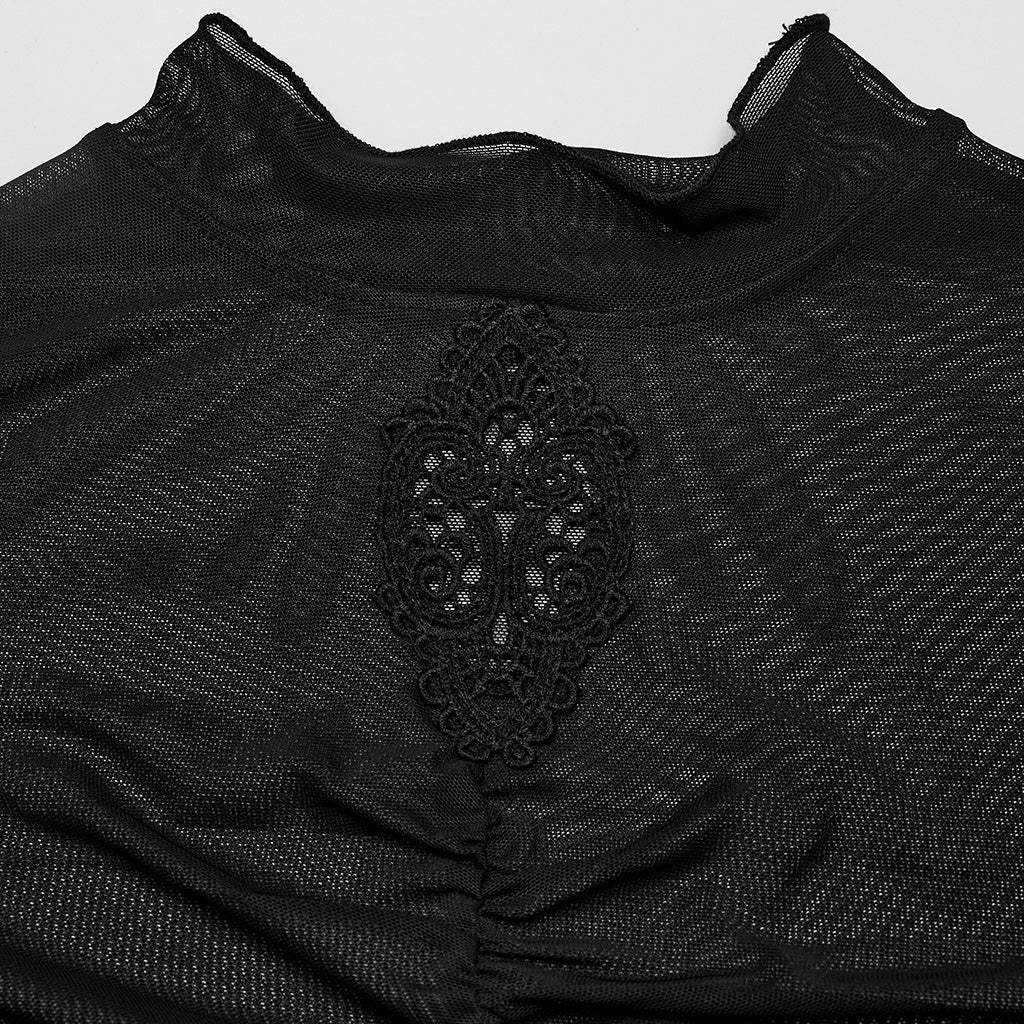 WT-800TCF Sheer Gothic Mesh Ruched Long Sleeve T-Shirt?-??Punk Rave Clothing