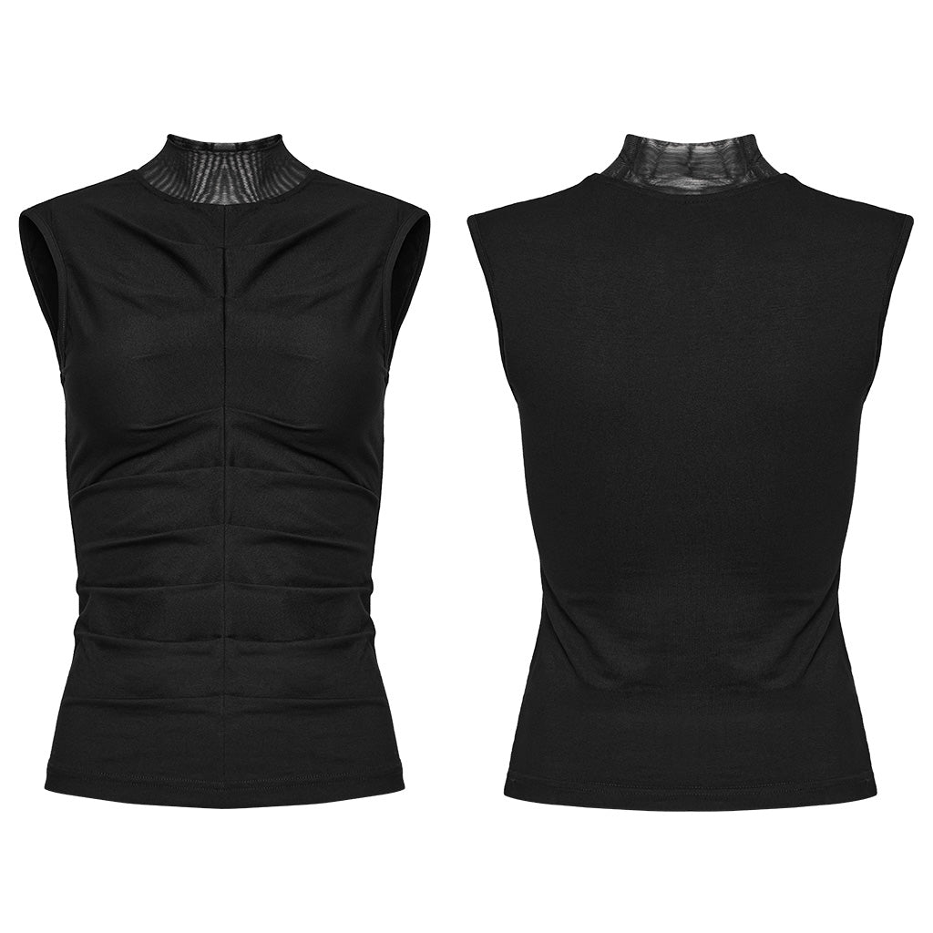 WT-820BXF black Sleeveless Mesh Collar Punk T-Shirt for Goth Style