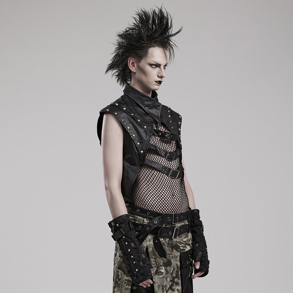 WT-824BXM Edgy Studded Mesh Punk Vest with Buckle Accents?-??Punk Rave Clothing