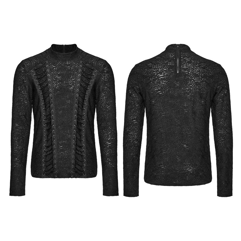 WT-826TCM Edgy black Lace Eyelet Gothic Shirt Long Sleeve