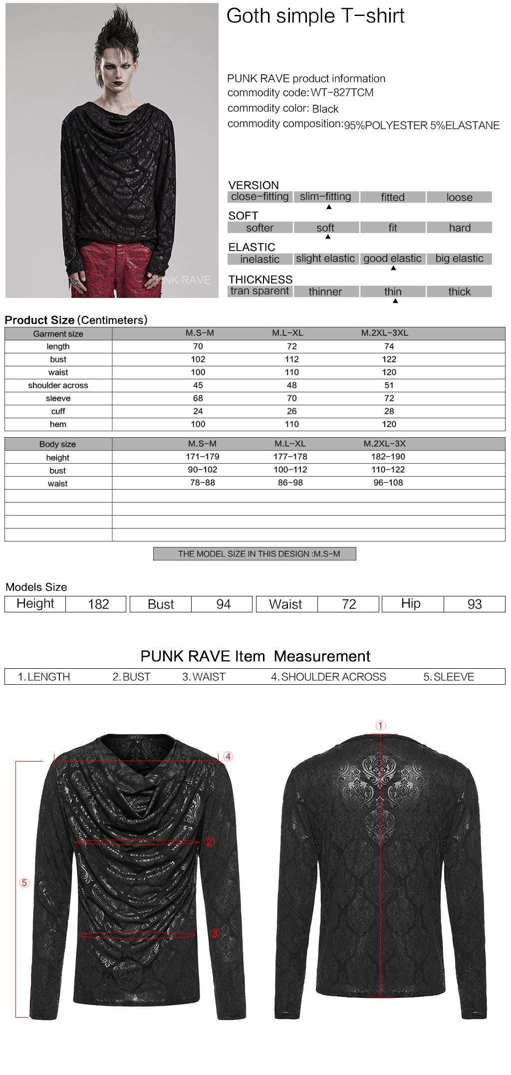 WT-827TCM Gothic Lace Drape T-Shirt Long Sleeve black Pullover?-??Punk Rave Clothing