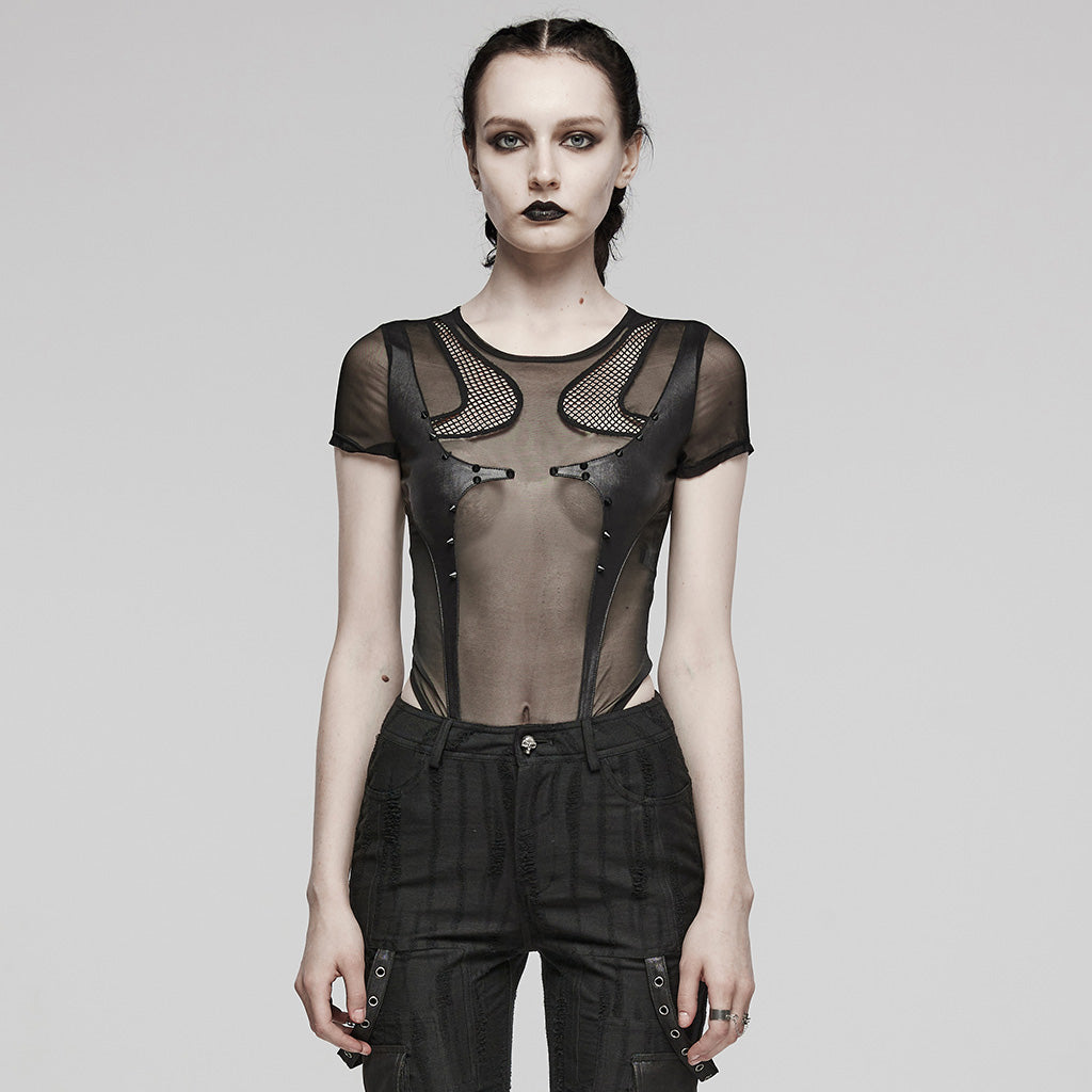 WT-845TDF Edgy black Mesh Bodysuit Rivet Detail Punk Accessories