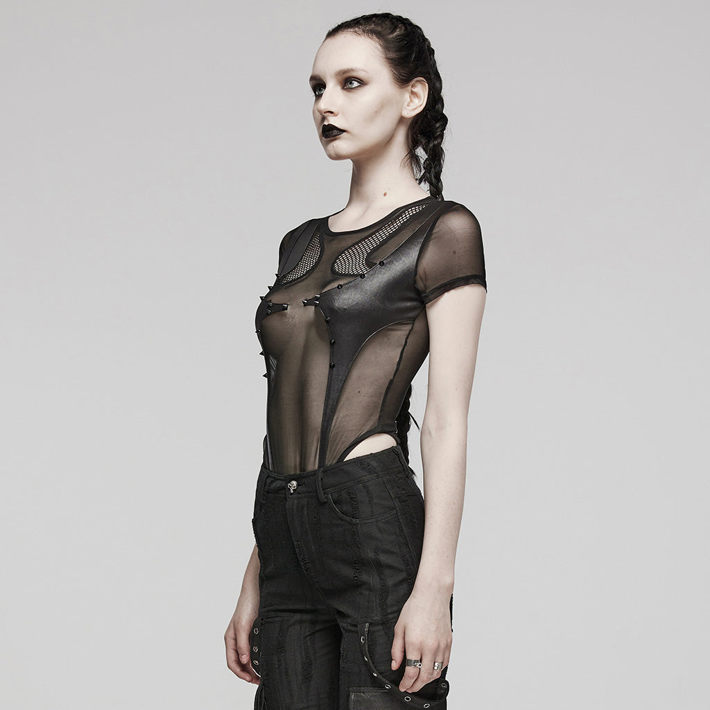 WT-845TDF Edgy black Mesh Bodysuit Rivet Detail Punk Accessories?-??Punk Rave Clothing