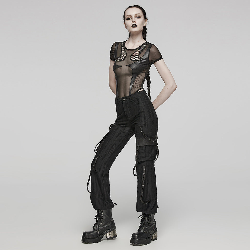 WT-845TDF Edgy black Mesh Bodysuit Rivet Detail Punk Accessories?-??Punk Rave Clothing