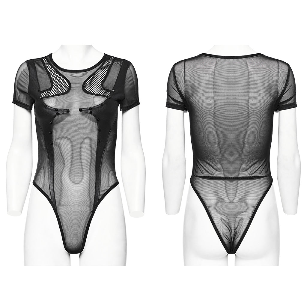WT-845TDF Edgy black Mesh Bodysuit Rivet Detail Punk Accessories?-??Punk Rave Clothing