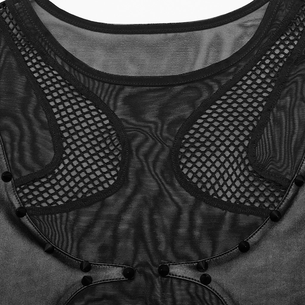 WT-845TDF Edgy black Mesh Bodysuit Rivet Detail Punk Accessories