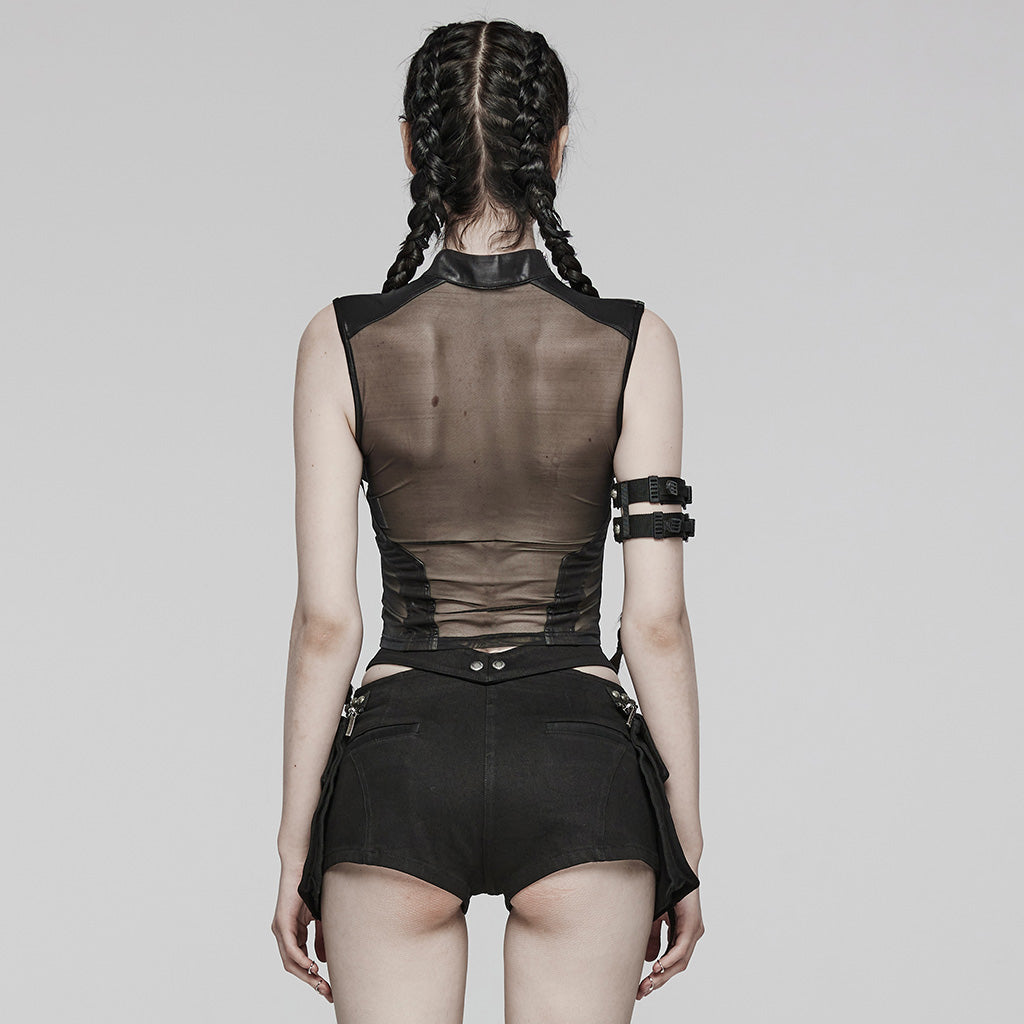 WT-848BXF Edgy Mesh Harness Gothic Punk Crop Top Shirt?-??Punk Rave Clothing