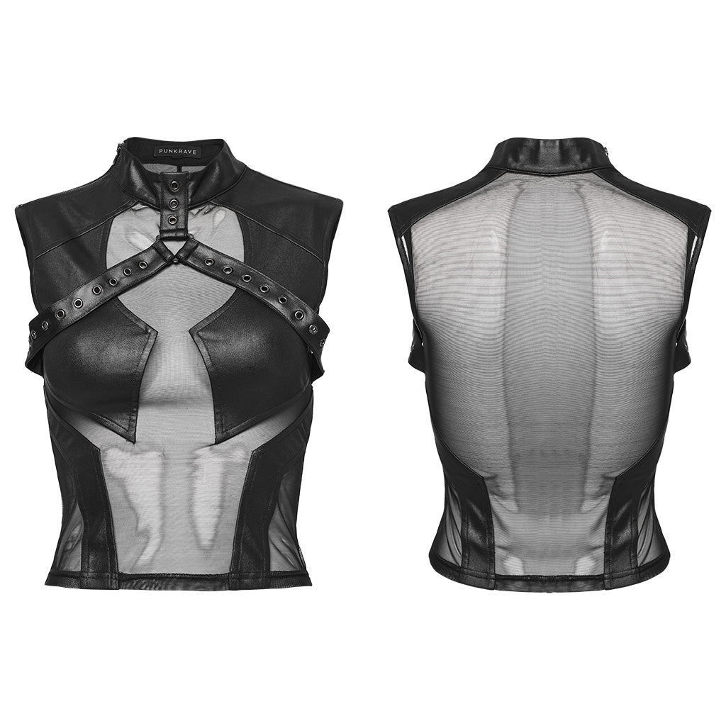 WT-848BXF Edgy Mesh Harness Gothic Punk Crop Top Shirt?-??Punk Rave Clothing