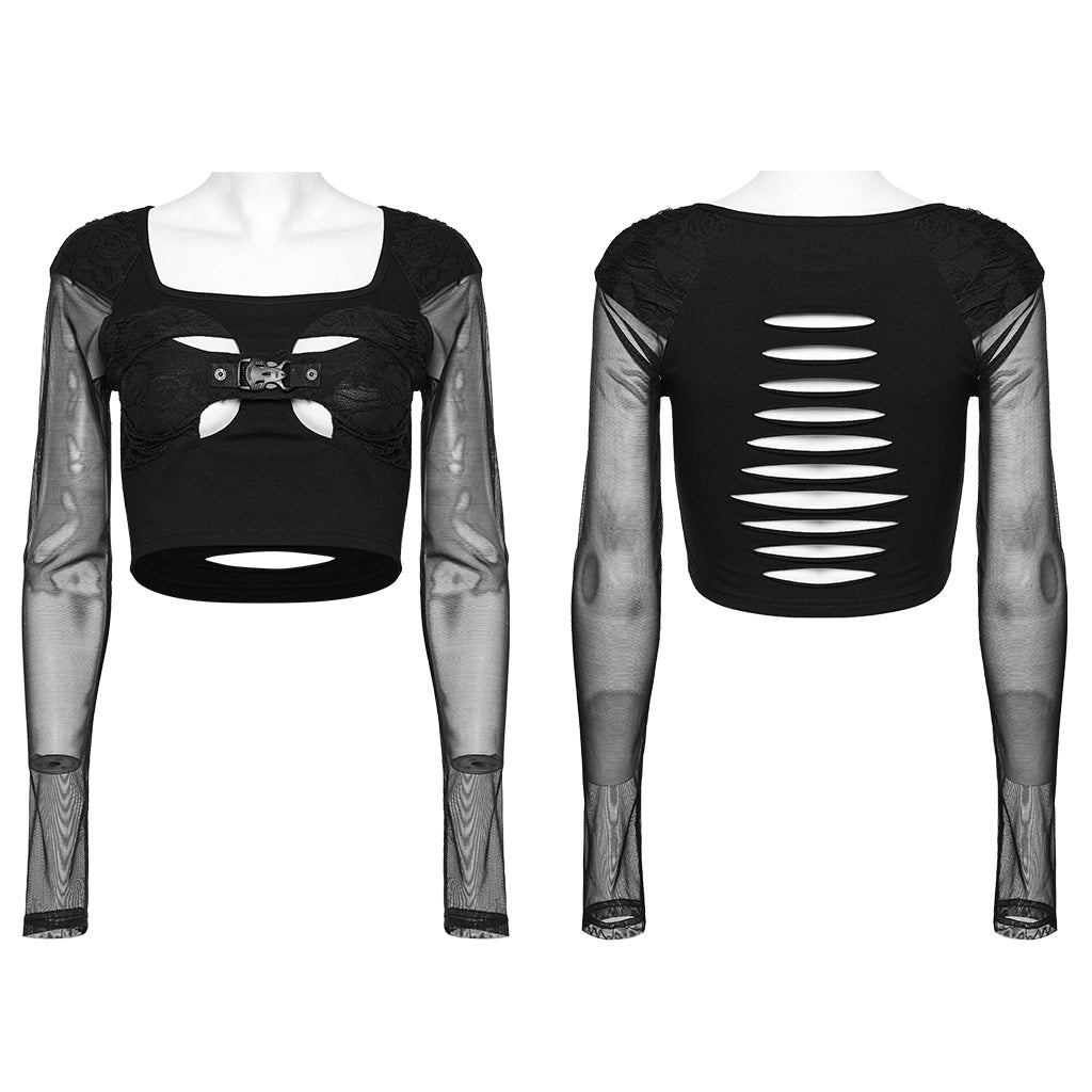 WT-850TCF Mesh Sleeve Cutout Gothic Crop Top Elegance?-??Punk Rave Clothing