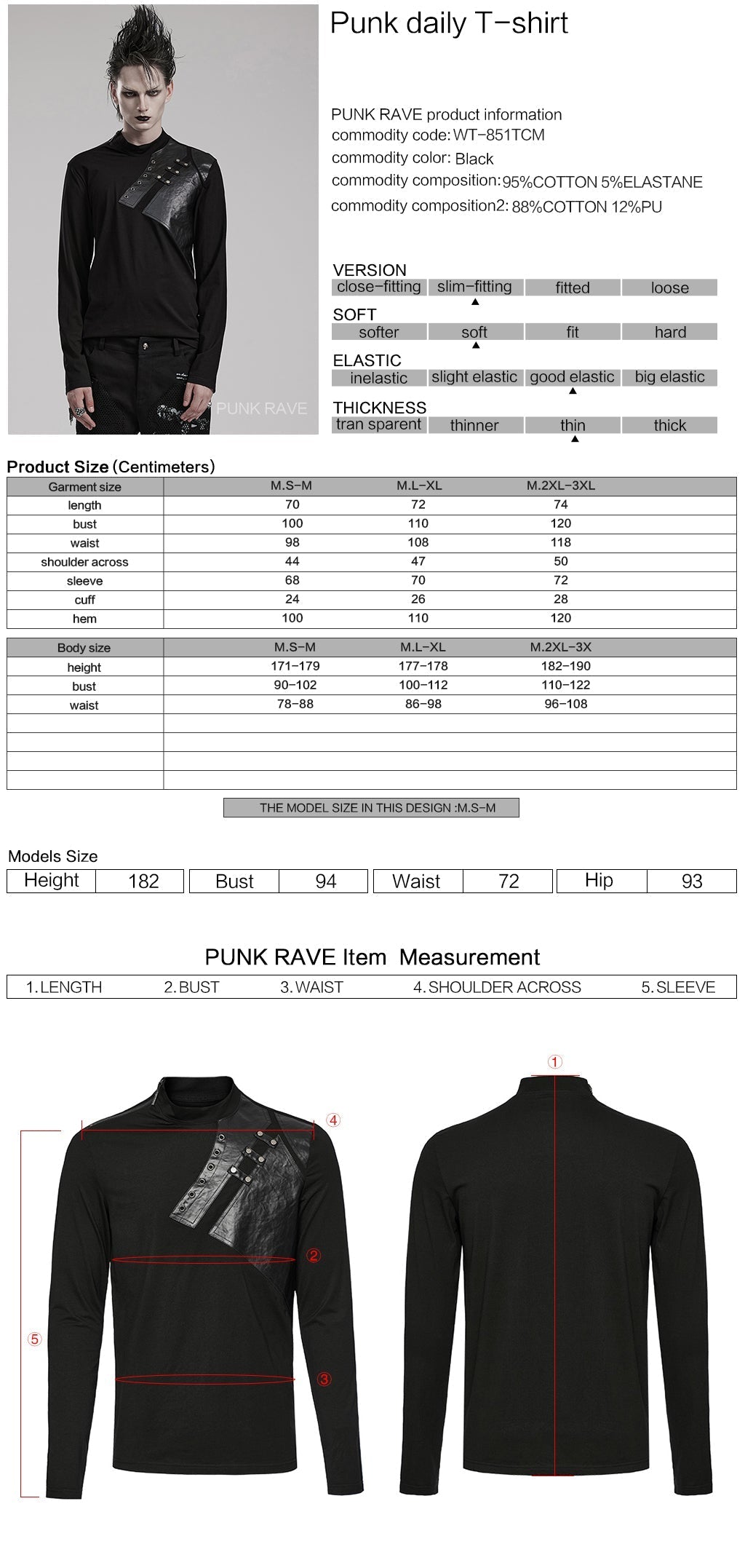 WT-851TCM black Leather Studded Accent Punk T-Shirts Long Sleeve?-??Punk Rave Clothing