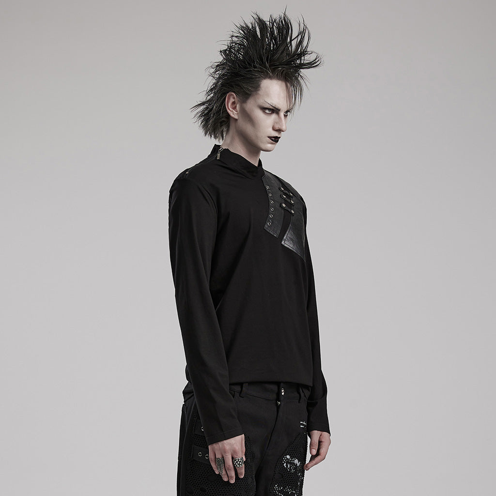 WT-851TCM black Leather Studded Accent Punk T-Shirts Long Sleeve?-??Punk Rave Clothing