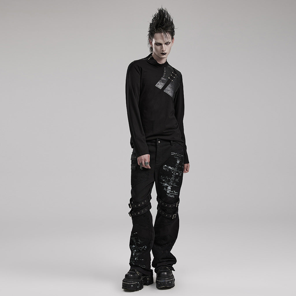 WT-851TCM black Leather Studded Accent Punk T-Shirts Long Sleeve?-??Punk Rave Clothing
