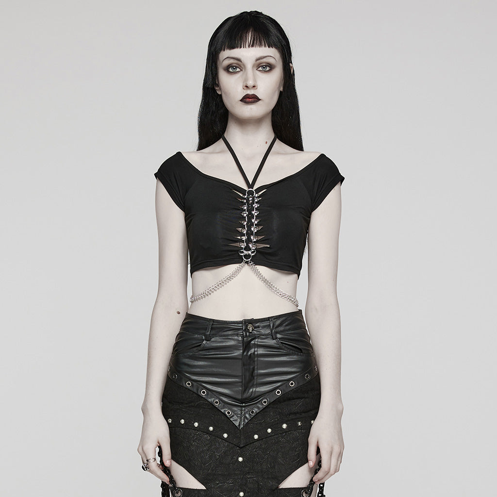 WT-852TDF Edgy Gothic Chain Halter Punk T-Shirt Cropped Top