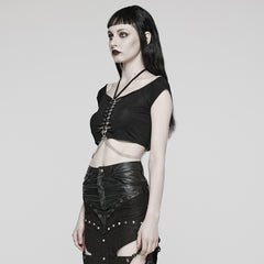 WT-852TDF Edgy Gothic Chain Halter Punk T-Shirt Cropped Top