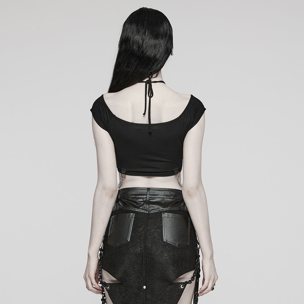 WT-852TDF Edgy Gothic Chain Halter Punk T-Shirt Cropped Top?-??Punk Rave Clothing